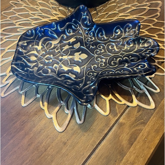 Hamsa Turkish Hand Shaped Blue Gold Ornate Glass Dish Scroll Work Decor Dish - Picture 3 of 5